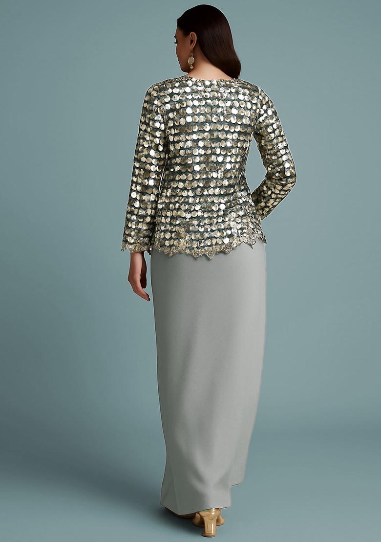 Grey Sequin Net Fusion Set - Indya