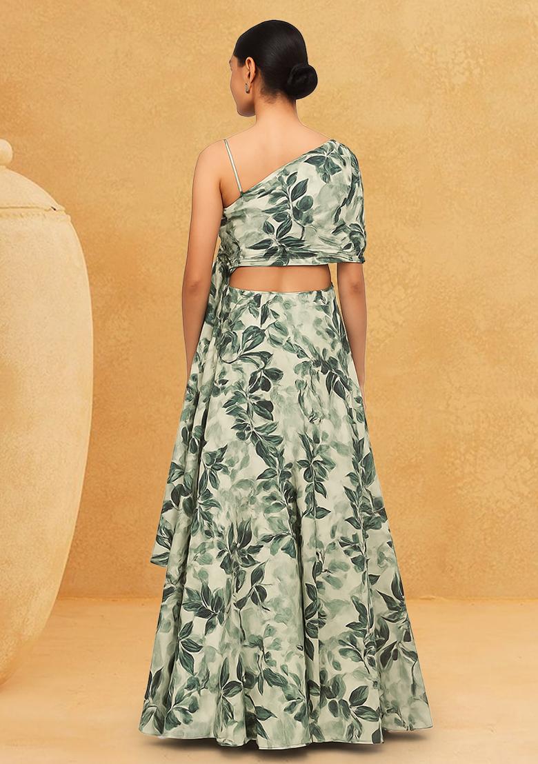 Green Floral Print Satin Fusion Set - Indya