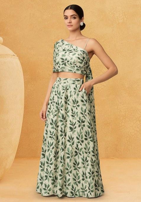 Green Floral Print Satin Fusion Set