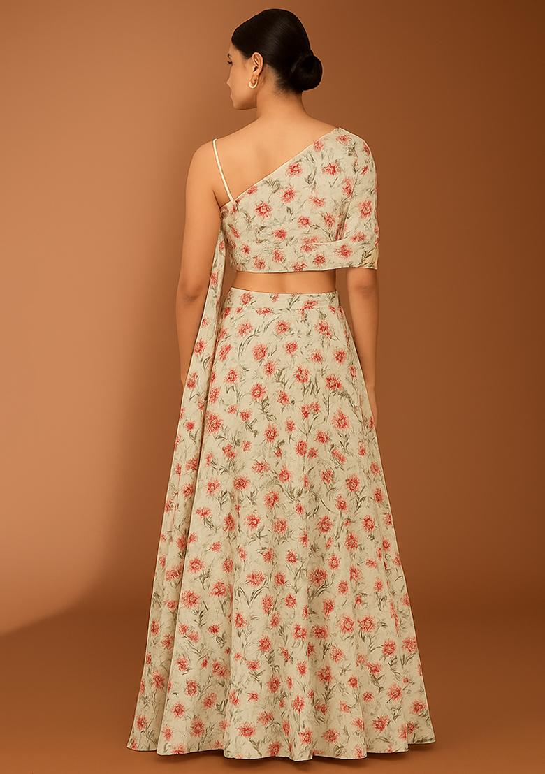 Pista Green Floral Print Satin Fusion Set - Indya