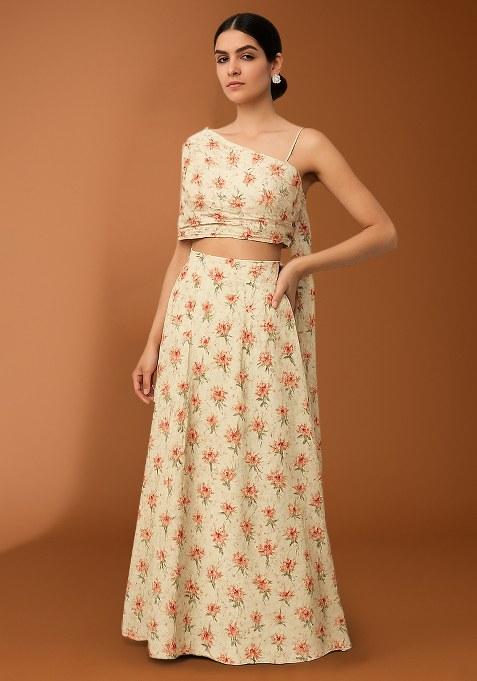 Pista Green Floral Print Satin Fusion Set