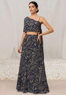Blue Abstract Print Satin Fusion Set