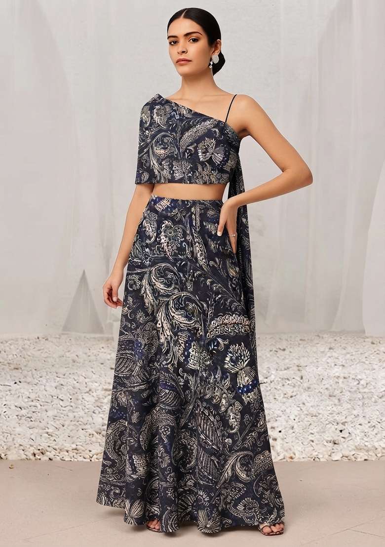 Blue Abstract Print Satin Fusion Set - Indya