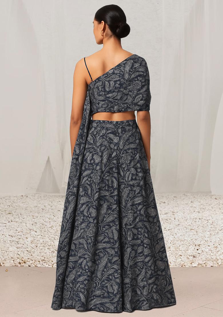 Blue Abstract Print Satin Fusion Set - Indya