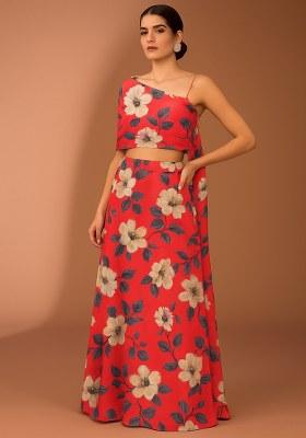 Red Floral Print Satin Fusion Set