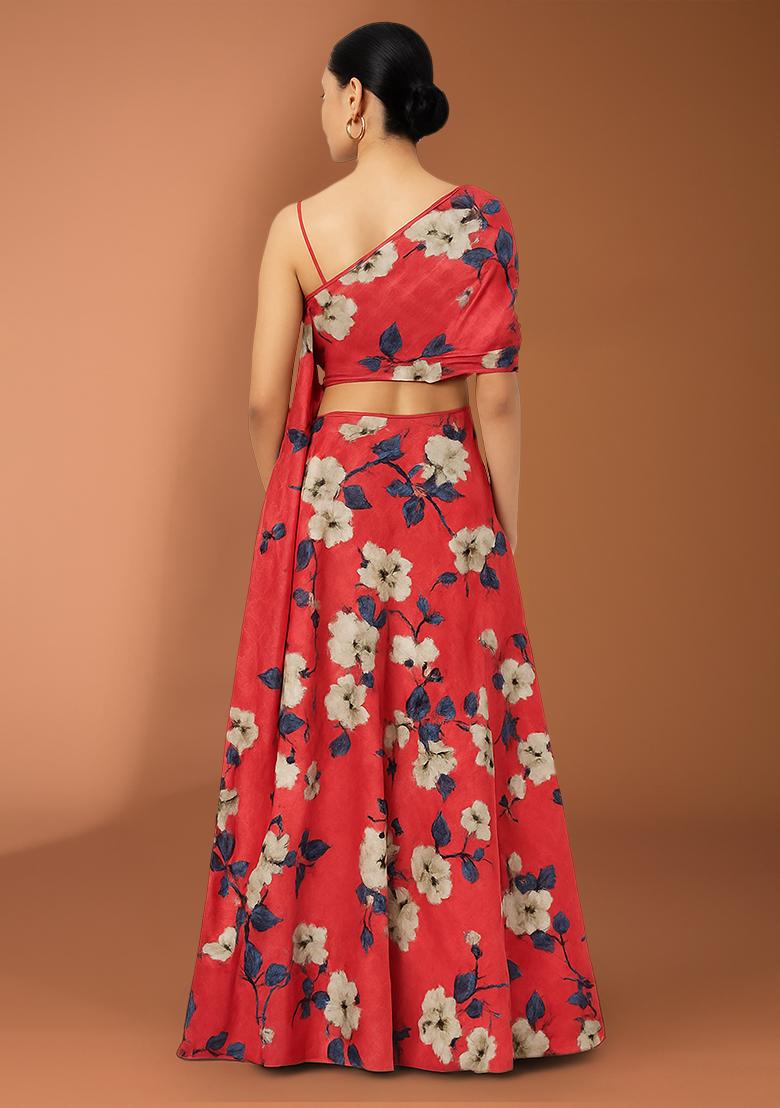 Red Floral Print Satin Fusion Set - Indya