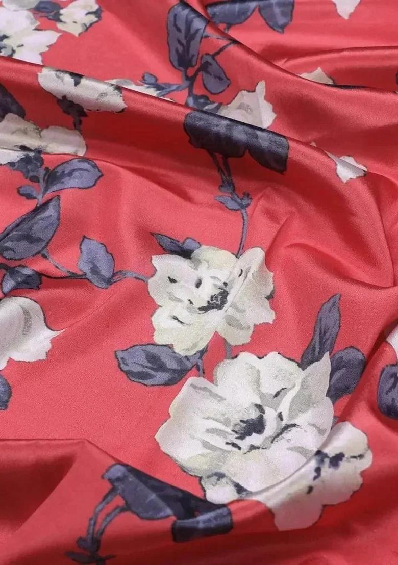 Red Floral Print Satin Fusion Set - Indya