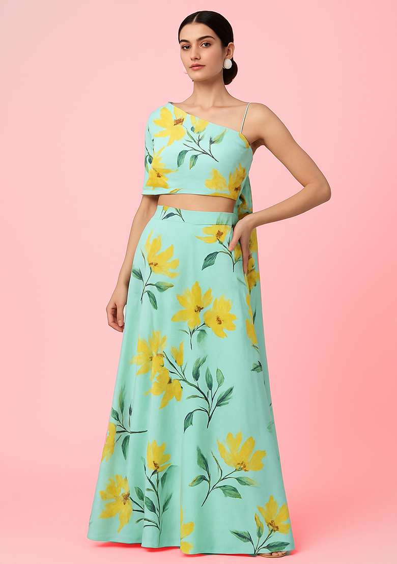 Sea Green Floral Print Satin Fusion Set - Indya
