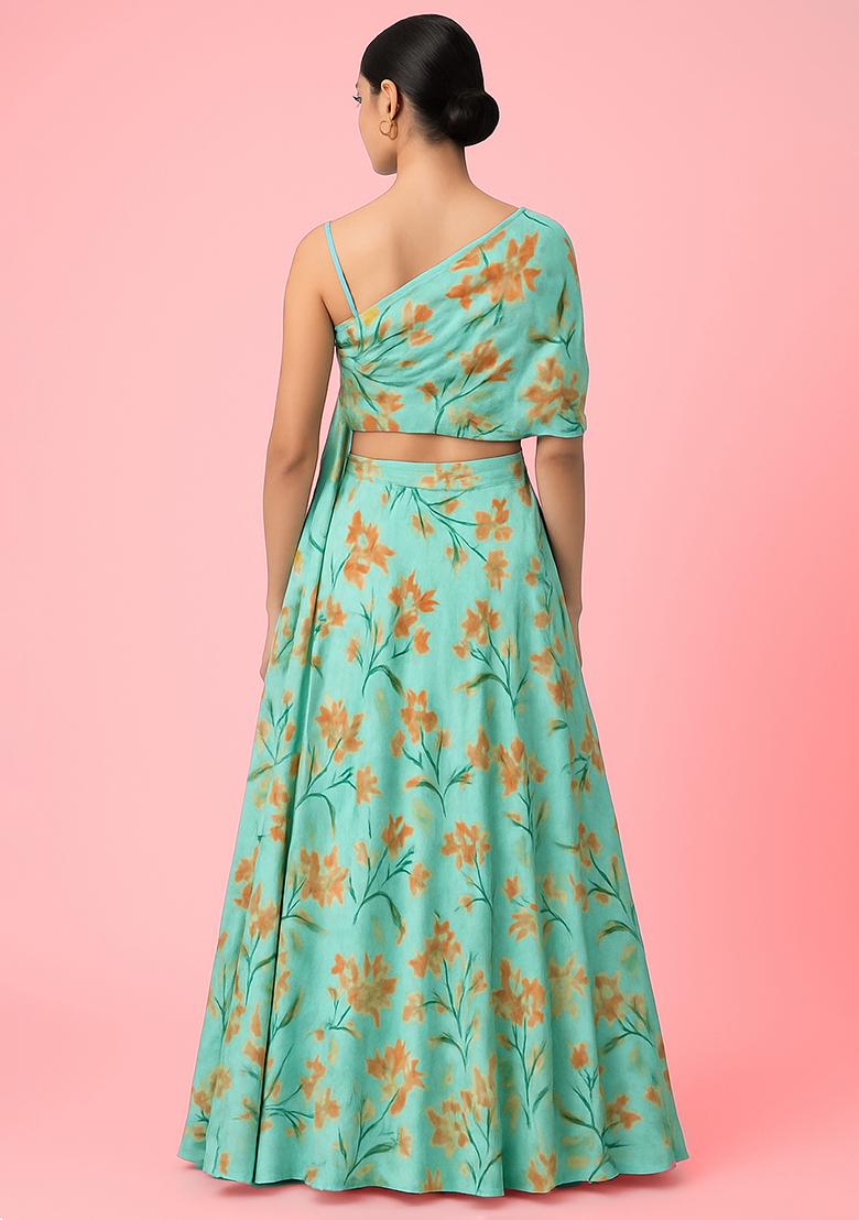 Sea Green Floral Print Satin Fusion Set - Indya