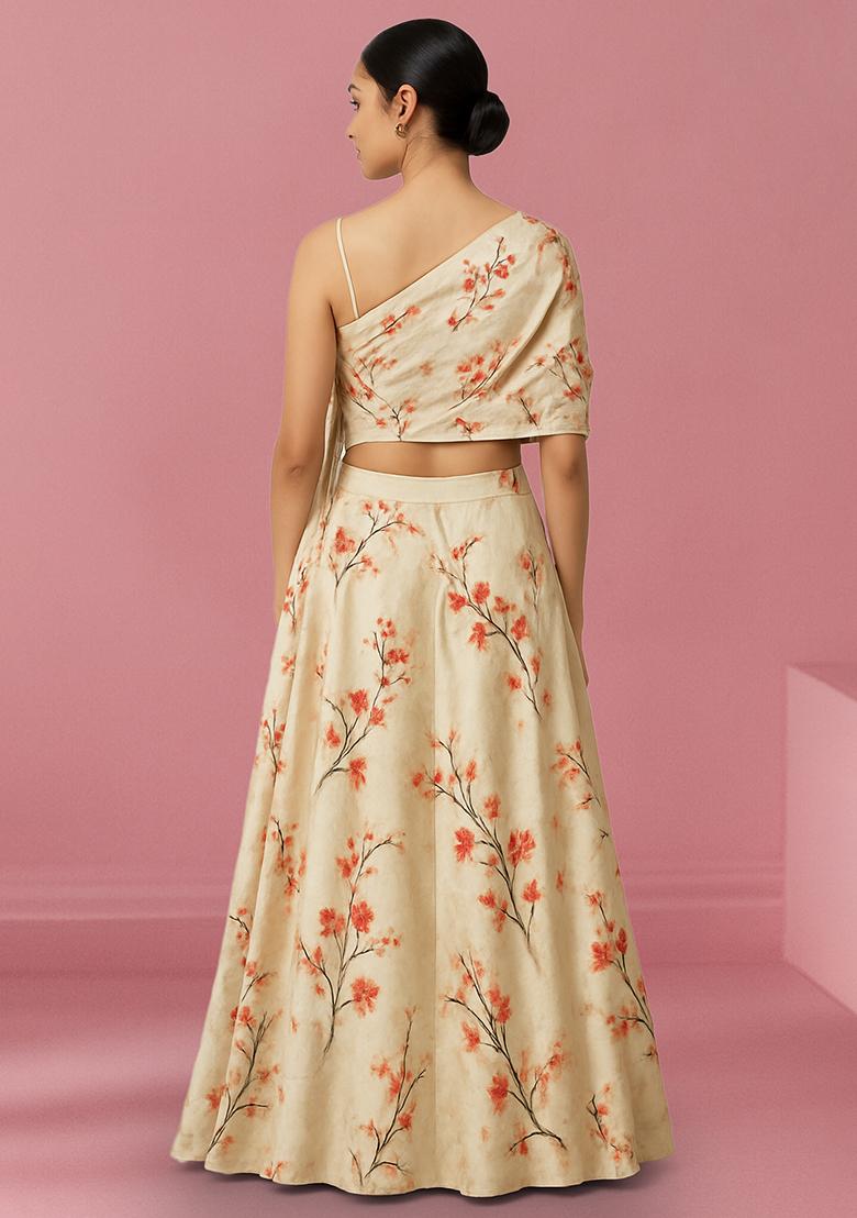 Cream Floral Print Satin Fusion Set - Indya
