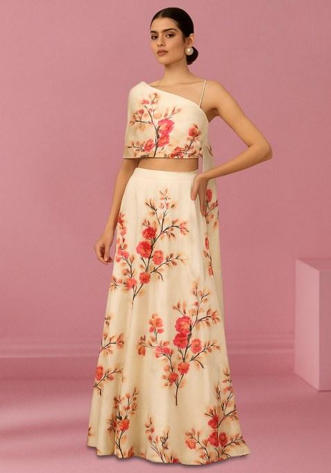 Cream Floral Print Satin Fusion Set