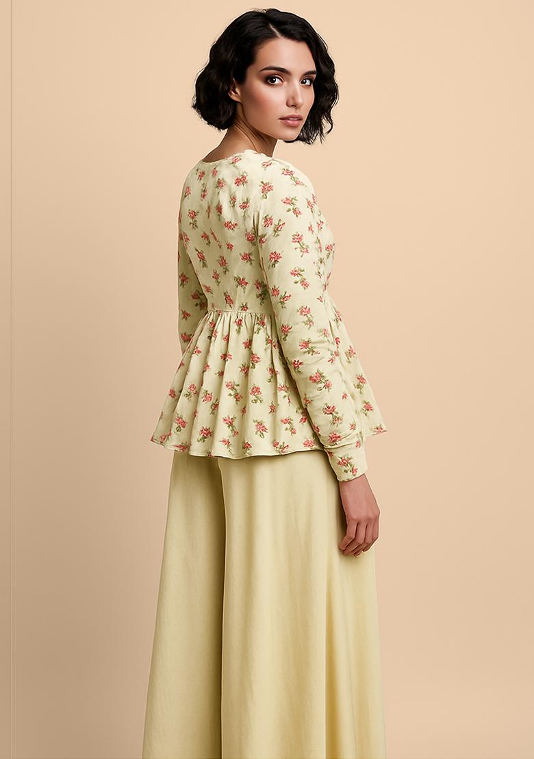 Green Floral Print Satin Fusion Set - Indya