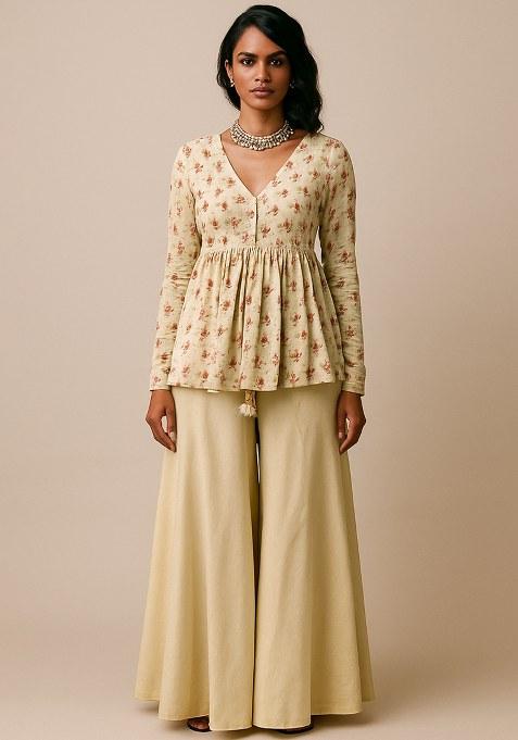 Green Floral Print Satin Fusion Set