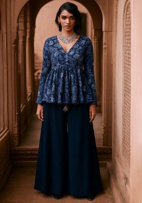 Navy Blue Abstract Print Satin Fusion Set