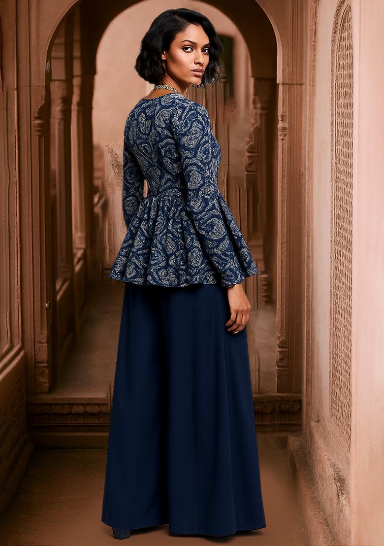 Navy Blue Abstract Print Satin Fusion Set - Indya