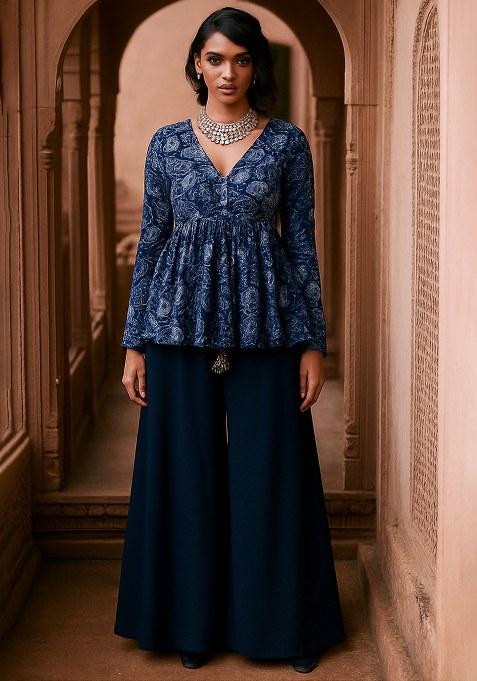 Navy Blue Abstract Print Satin Fusion Set