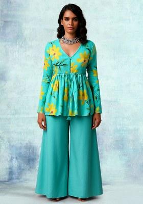 Blue Floral Print Satin Fusion Set