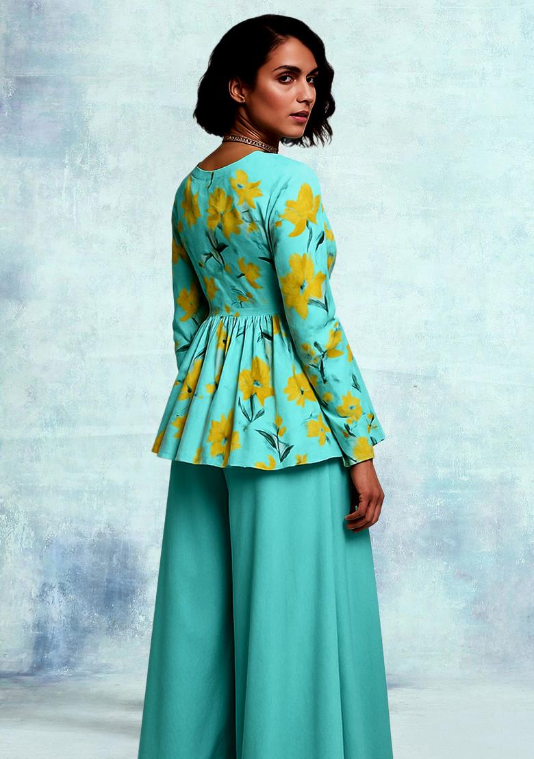 Blue Floral Print Satin Fusion Set - Indya