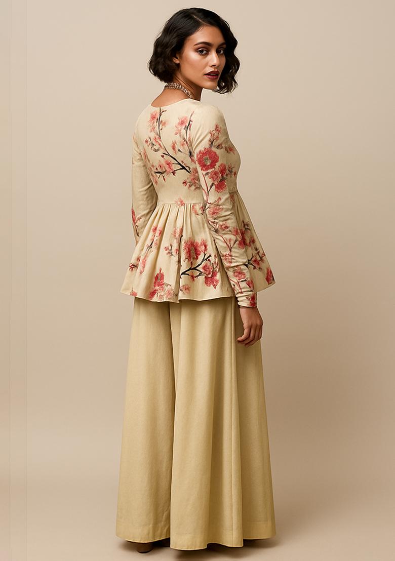 Cream Floral Print Satin Fusion Set - Indya