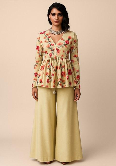 Cream Floral Print Satin Fusion Set