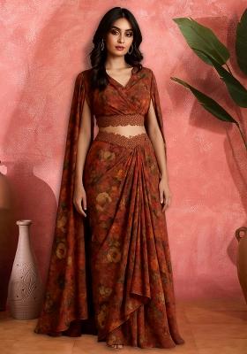 Brown Crepe Floral Printed Fusion Set