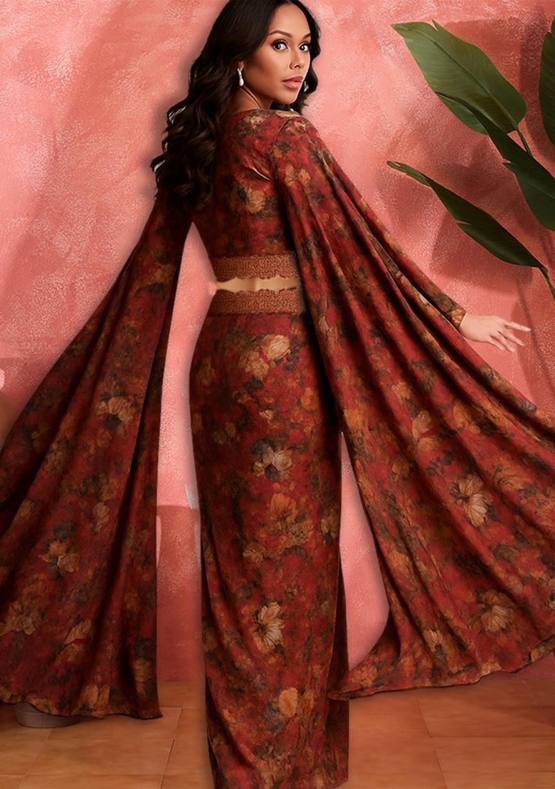 Brown Crepe Floral Printed Fusion Set - Indya