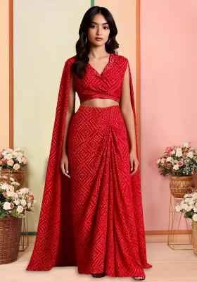 Red Crepe Bandhani Printed Fusion Set