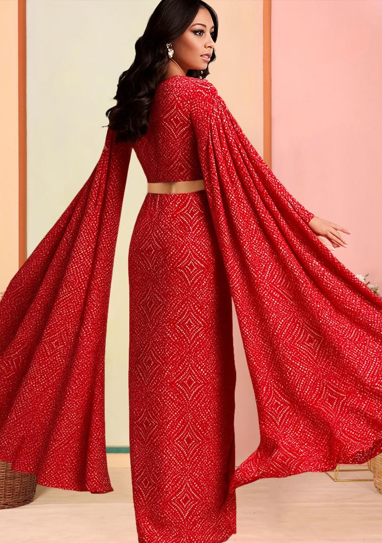 Red Crepe Bandhani Printed Fusion Set - Indya