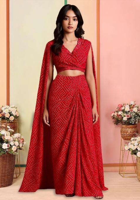 Red Crepe Bandhani Printed Fusion Set