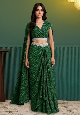 Green Crepe Bandhani Printed Fusion Set