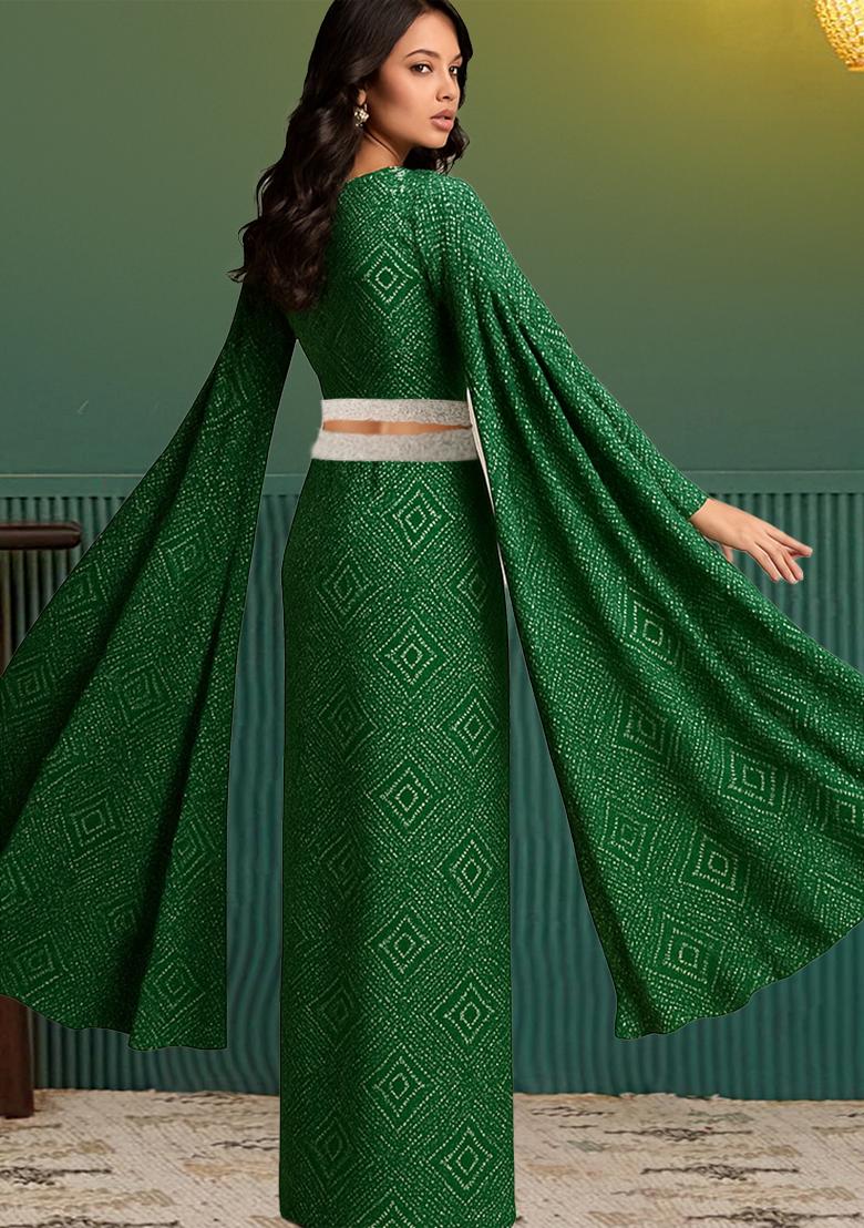 Green Crepe Bandhani Printed Fusion Set - Indya