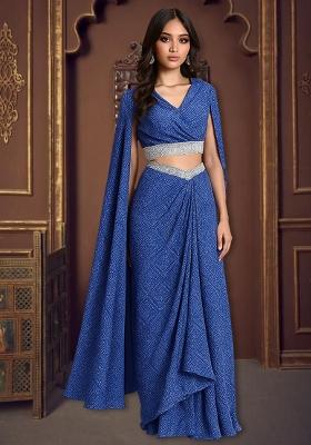 Blue Crepe Bandhani Printed Fusion Set