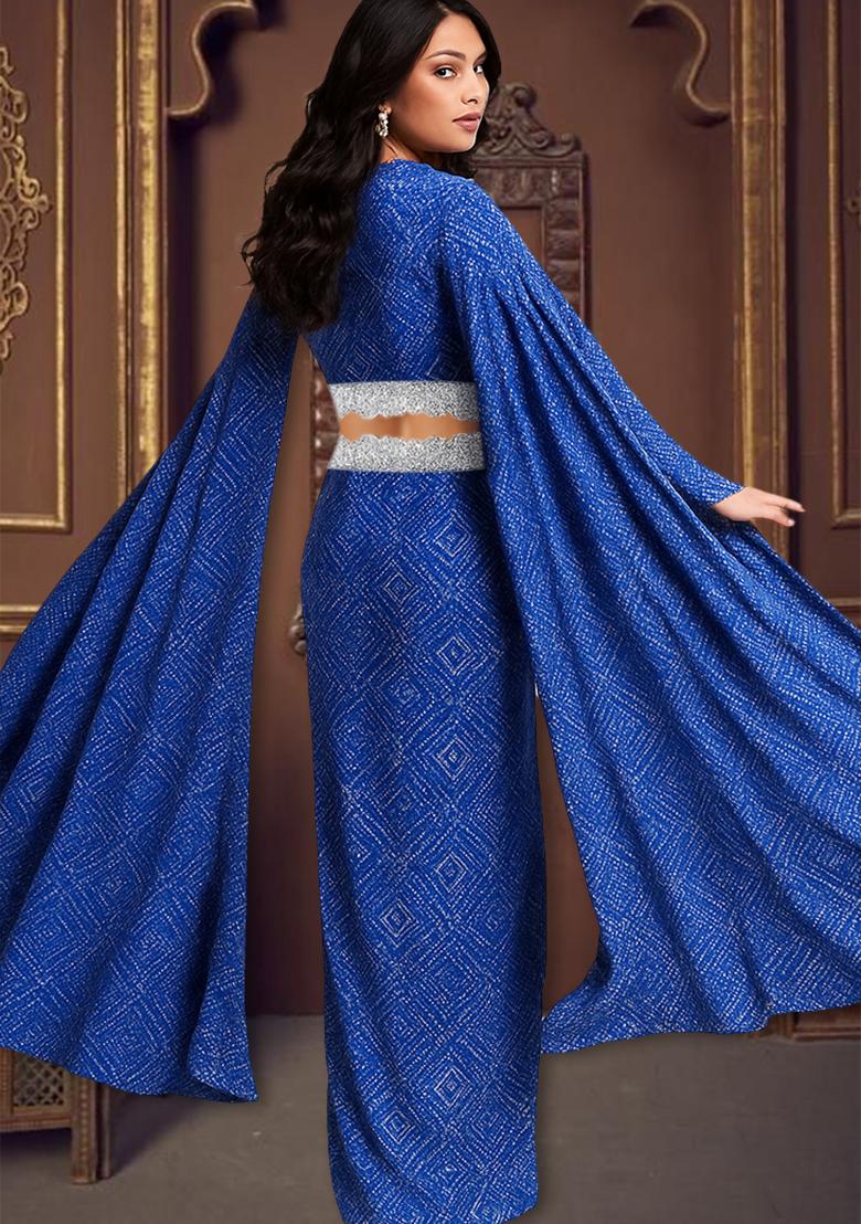 Blue Crepe Bandhani Printed Fusion Set - Indya