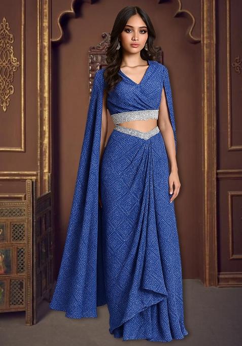 Blue Crepe Bandhani Printed Fusion Set