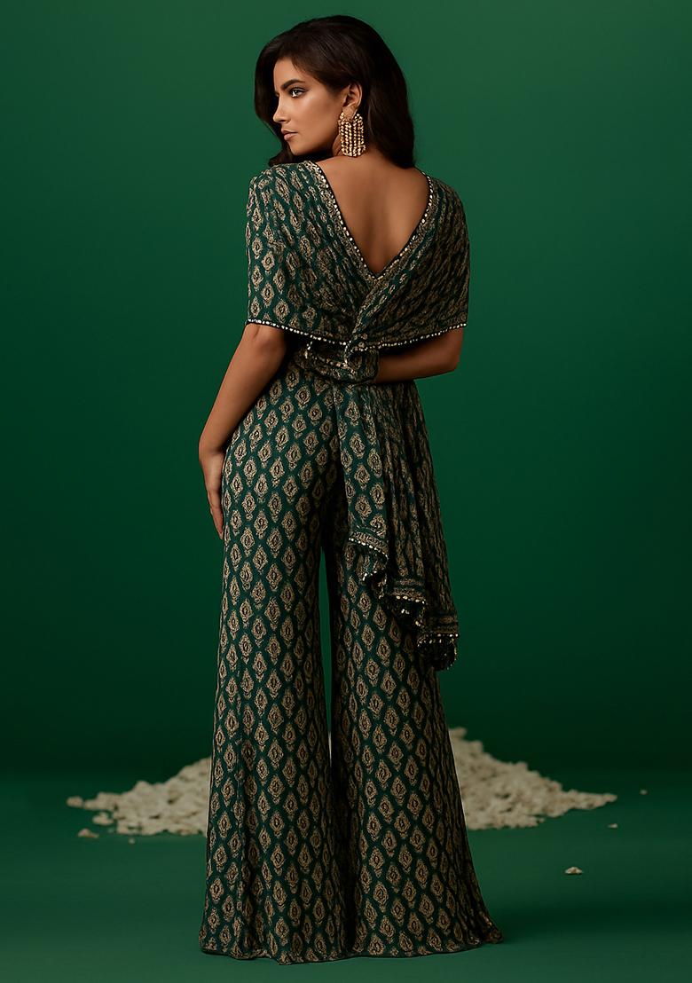 Dark Green Sequin Embroidered Georgette Fusion Set - Indya