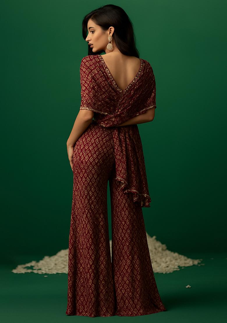 Maroon Sequin Embroidered Georgette Fusion Set - Indya