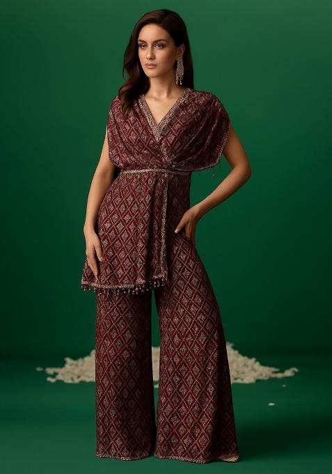 Maroon Sequin Embroidered Georgette Fusion Set