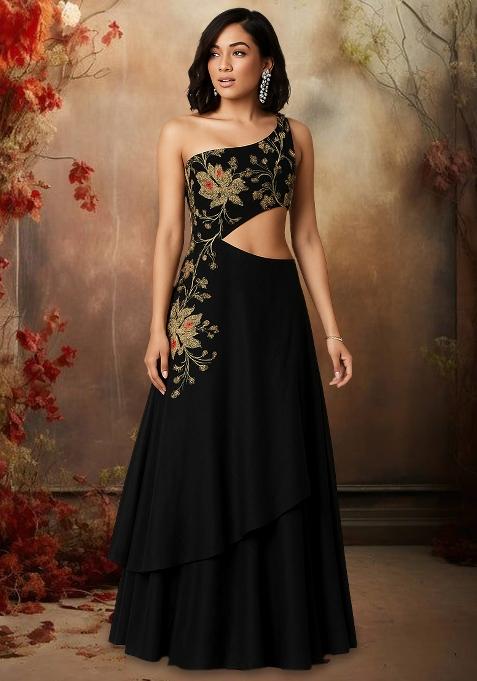 Black Net Sequin Embellished Gown