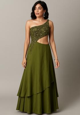 Green Net Sequin Embellished Gown