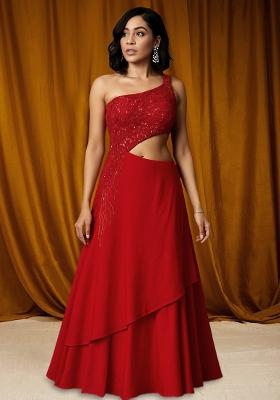 Red Net Sequin Embellished Gown
