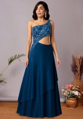 Blue Net Sequin Embellished Gown