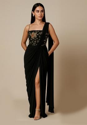 Black Embellished Blouse Georgette Pre Draped Saree Set