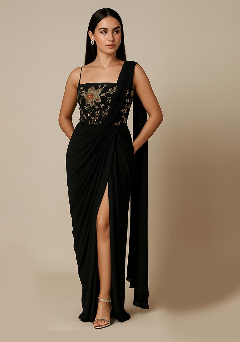 Black Embellished Blouse Georgette Pre Draped Saree Set