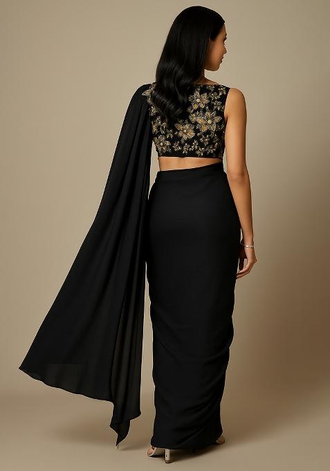 Black Embellished Blouse Georgette Pre Draped Saree Set