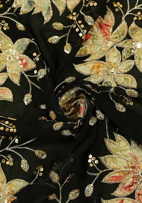 Black Embellished Blouse Georgette Pre Draped Saree Set