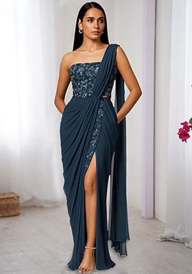 Blue Sequin Embellished Blouse Georgette Pre Draped Saree Set