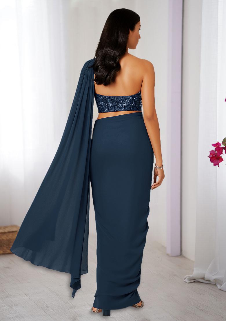 Blue Sequin Embellished Blouse Georgette Pre Draped Saree Set - Indya