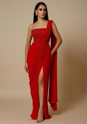Red Embellished Blouse Georgette Pre Draped Saree Set
