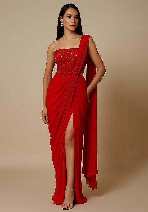 Red Embellished Blouse Georgette Pre Draped Saree Set