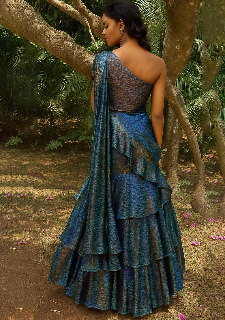 Shaded Satin Textured One Shoulder Gown - Indya